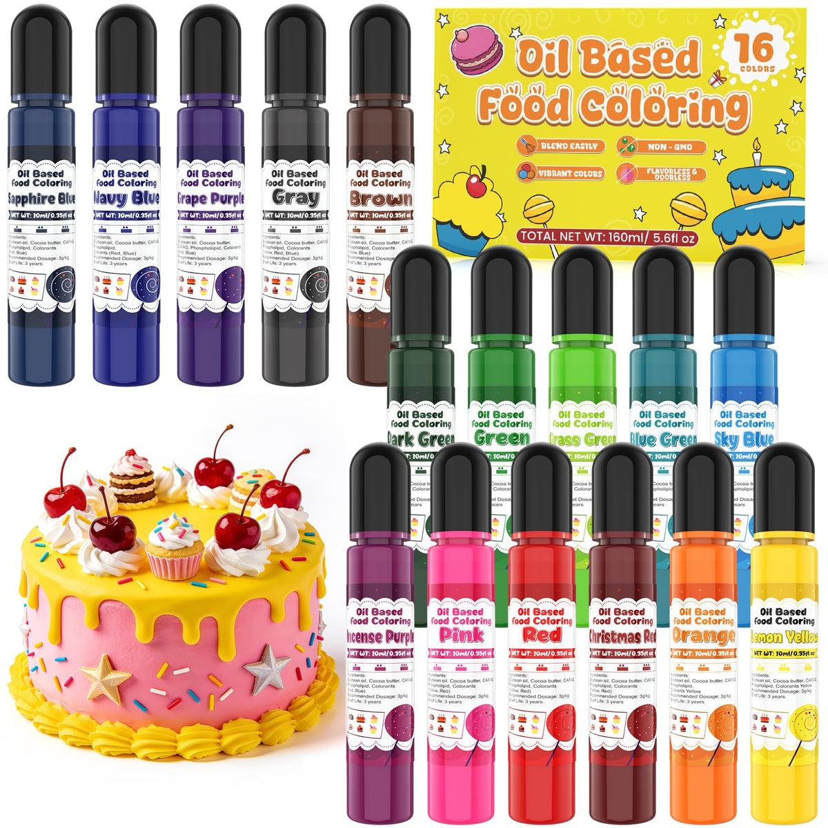 SigWong Oil Based Food Coloring for Chocolate - 16 Colors, Concentrated Dye Set (0.35 fl oz bottles)