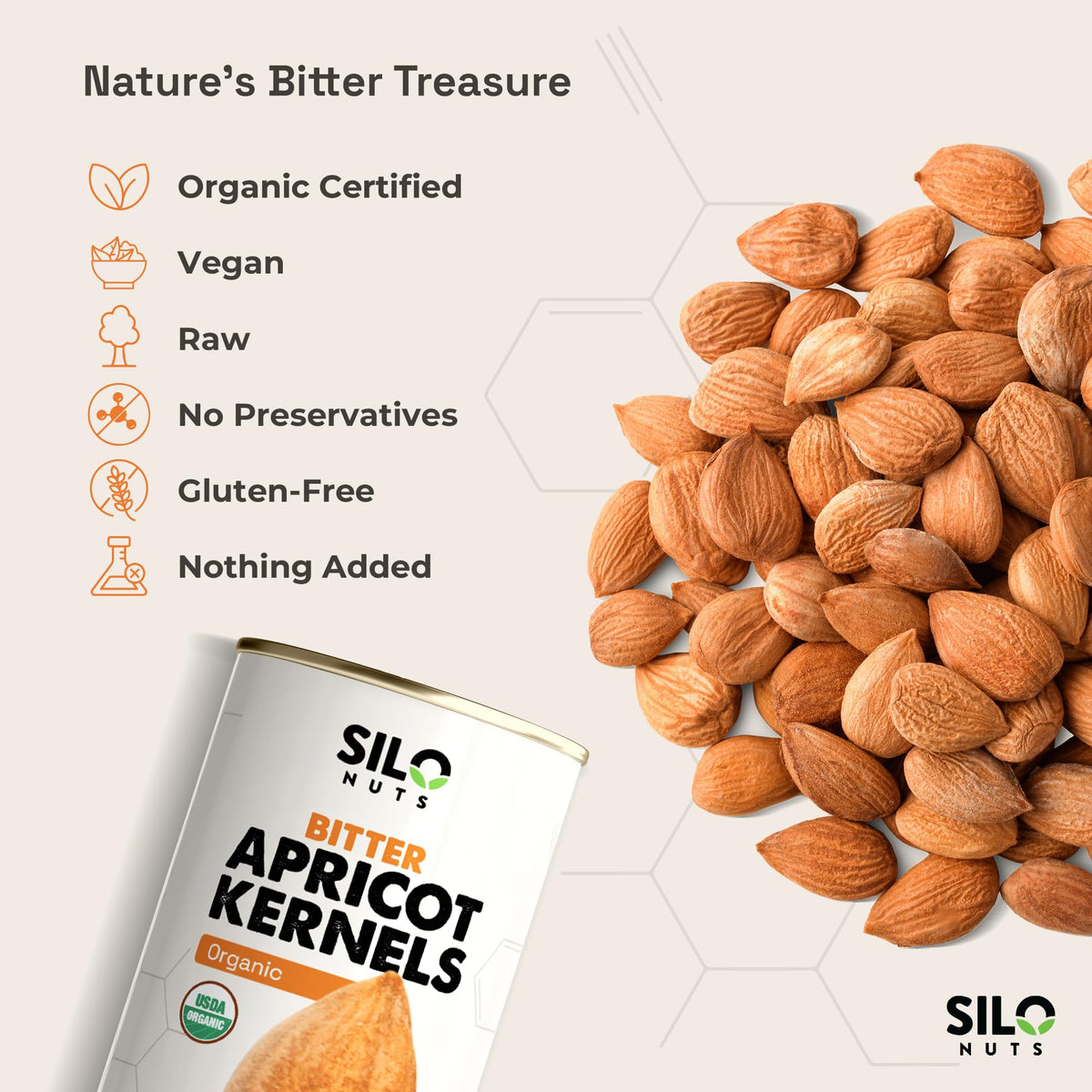 SILO Nuts Organic Bitter Apricot Kernels - 16 oz USDA Organic, Non-GMO, No Additives