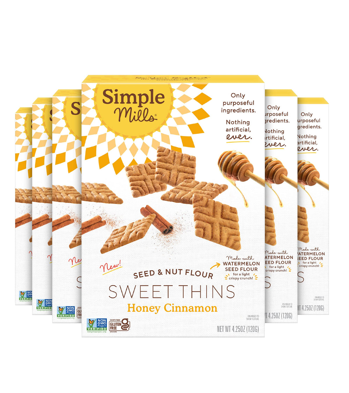 Simple Mills Honey Cinnamon Seed & Nut Flour Sweet Thins — Paleo-Friendly Snack, 4.25 oz, Pack of 6