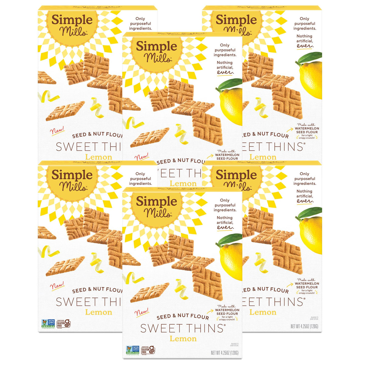 Simple Mills Lemon Seed & Nut Flour Sweet Thins – Paleo Friendly Crunchy Lemon Cookies, 4.25 oz (Pack of 6)
