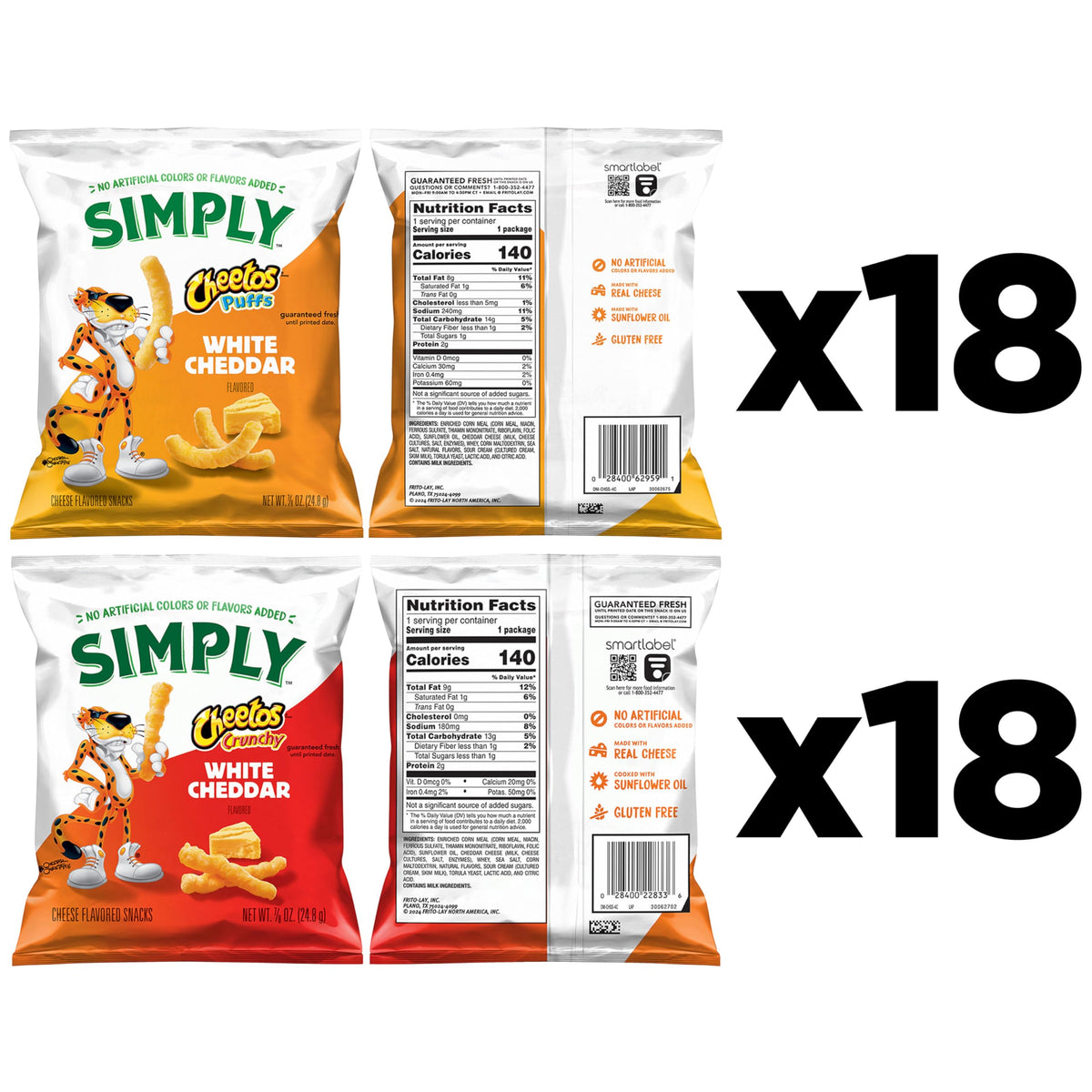 Simply Cheetos White Cheddar Puffs & Crunchy Variety Pack — 36 Bags, 0.875 oz Each