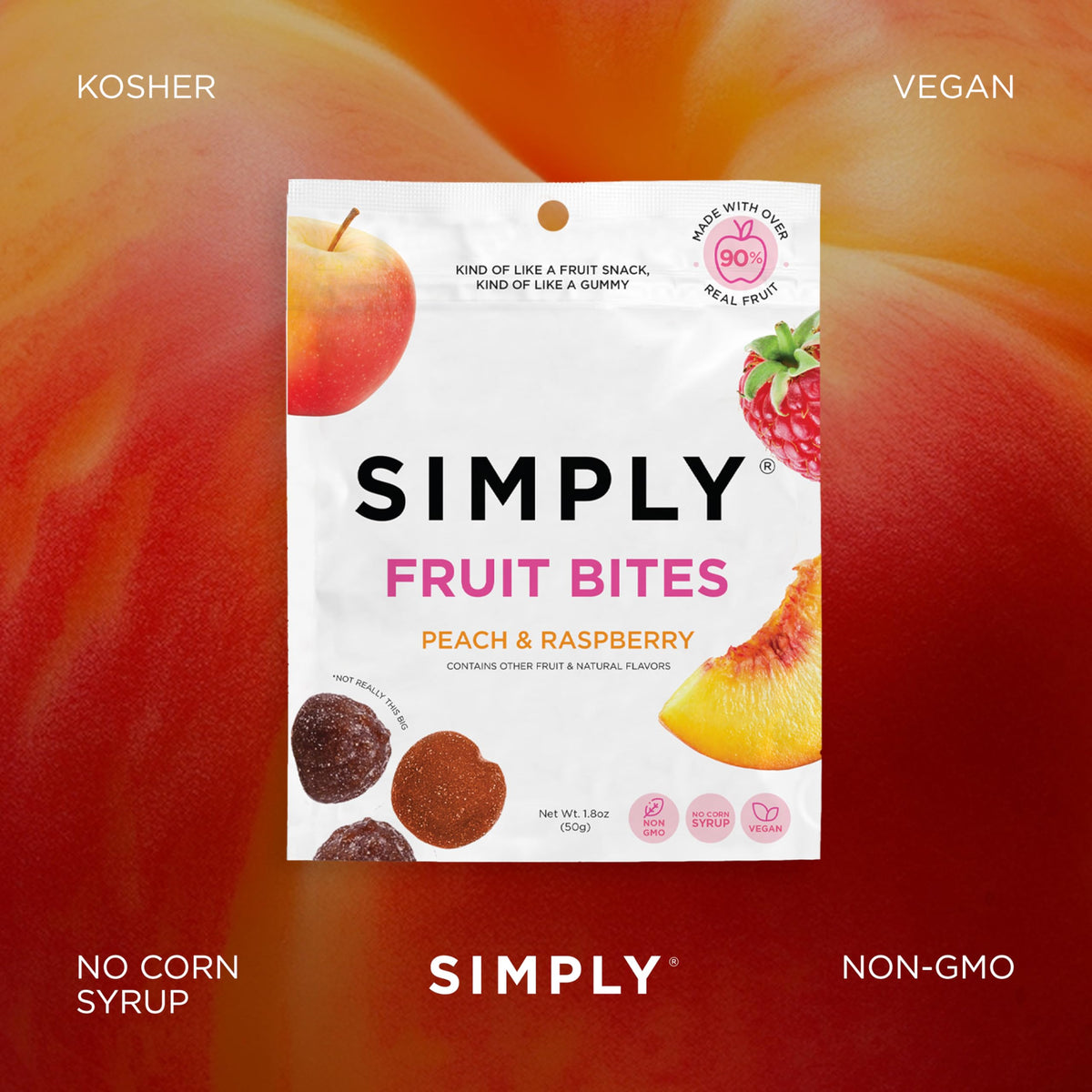 Simply Fruit Bites – Real Fruit Gummies Peach & Raspberry | 8-Pack | Gluten Free & Kosher