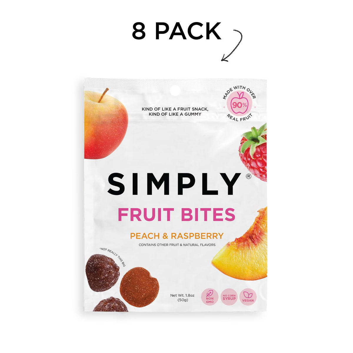 Simply Fruit Bites – Real Fruit Gummies Peach & Raspberry | 8-Pack | Gluten Free & Kosher