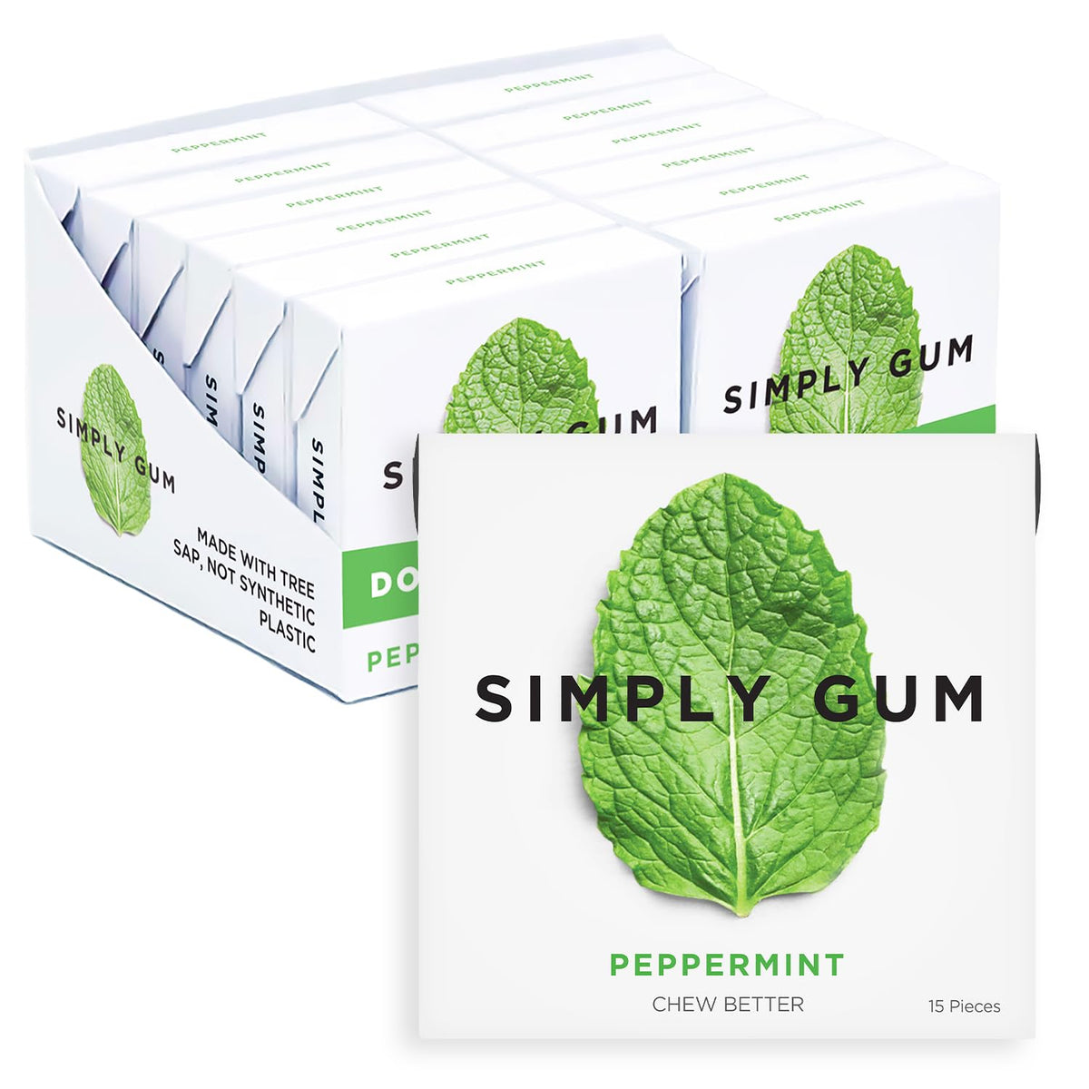 SIMPLY Gum Peppermint — Plastic-Free Natural Chewing Gum (12 Pack, 180 Pieces) | Vegan, Kosher, Non-GMO, Aspartame-Free, Sorbitol-Free