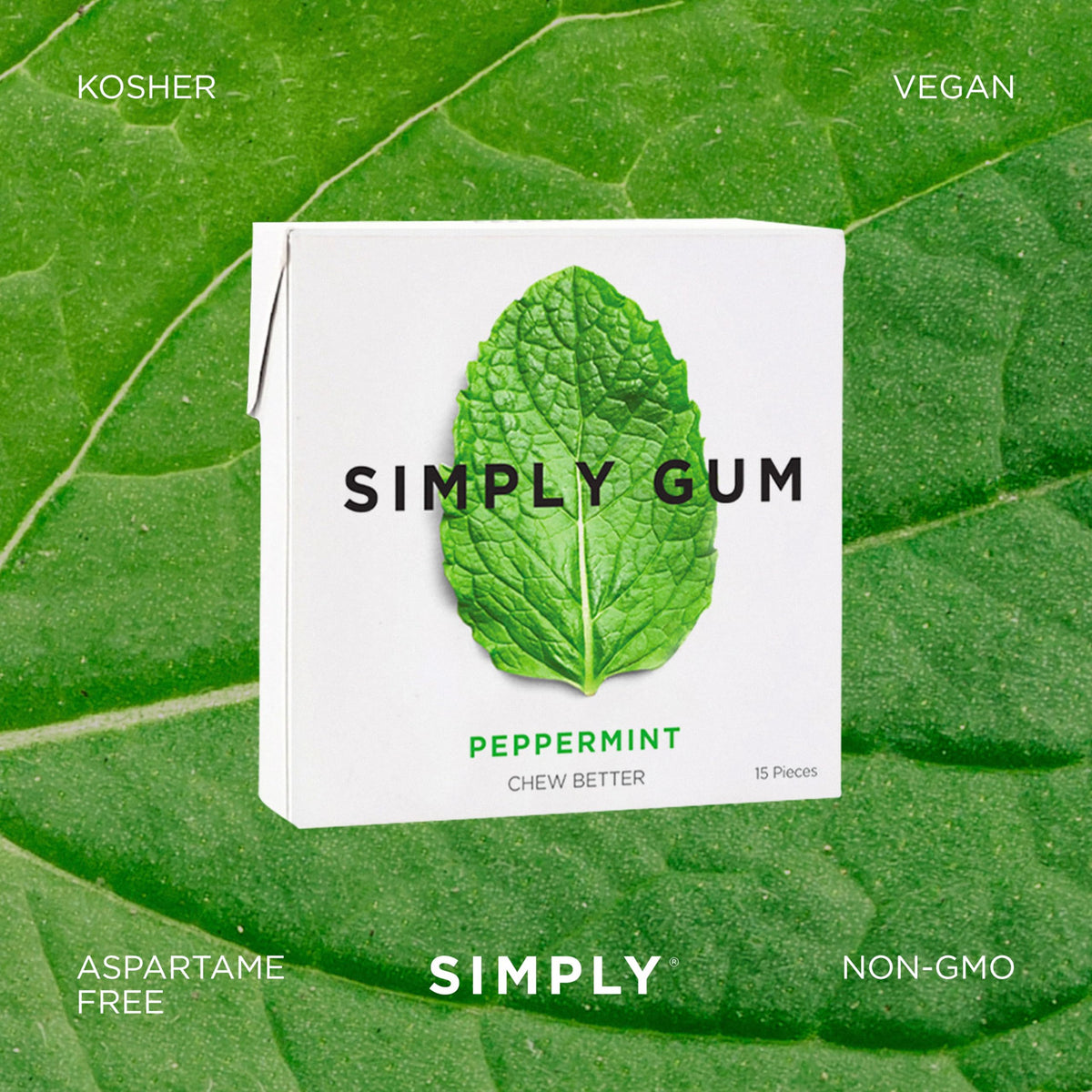 SIMPLY Gum Peppermint — Plastic-Free Natural Chewing Gum (12 Pack, 180 Pieces) | Vegan, Kosher, Non-GMO, Aspartame-Free, Sorbitol-Free