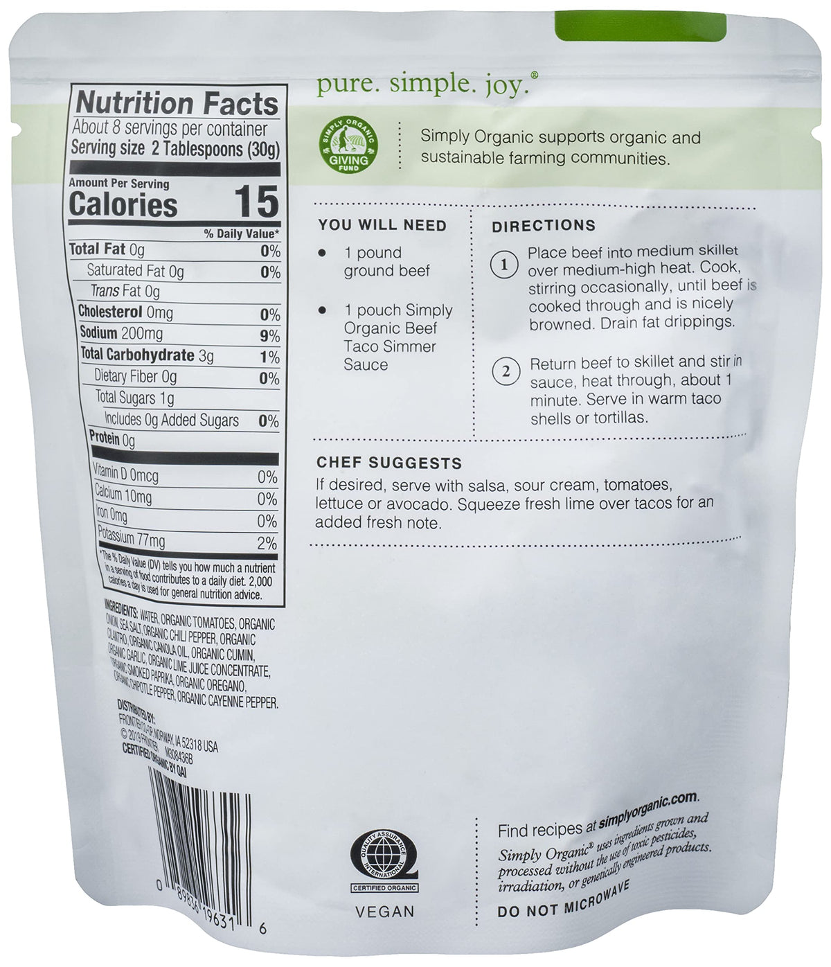 Simply Organic Southwest Taco Simmer Sauce – 8 oz Pouch (Pack of 6) | Bold Flavor for Beef, Pork or Chicken Tacos
