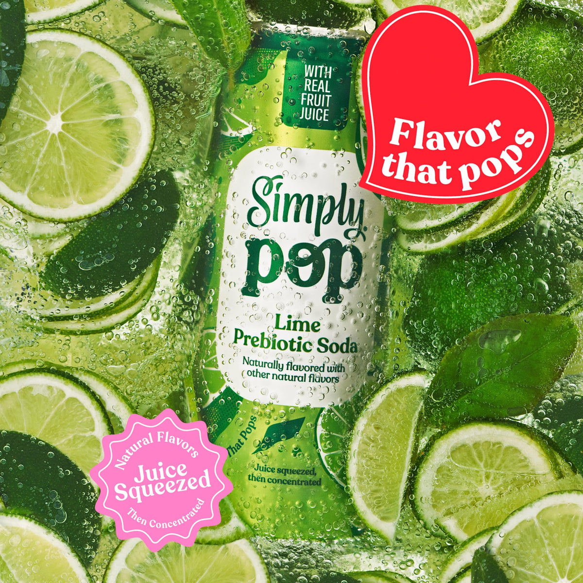 Simply POP Lime Prebiotic Soda – 12 Pack, 6 g Fiber, 60 kcal per Can
