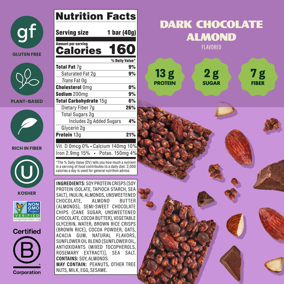 Simply Protein Dark Chocolate Almond Crispy Bars – 24 Bars | 13g Protein, 2g Sugar, 7g Fiber | Plant-Based, Gluten Free