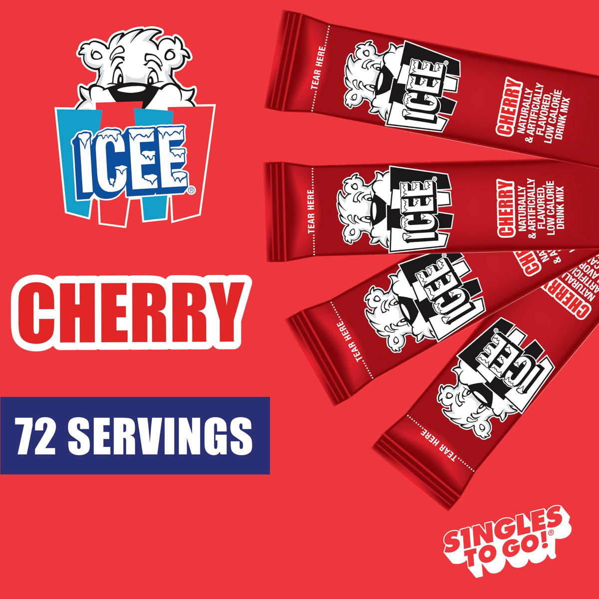 ICEE Singles To Go Water Drink Mix – Cherry Flavor, 72 Servings, 12 Boxes