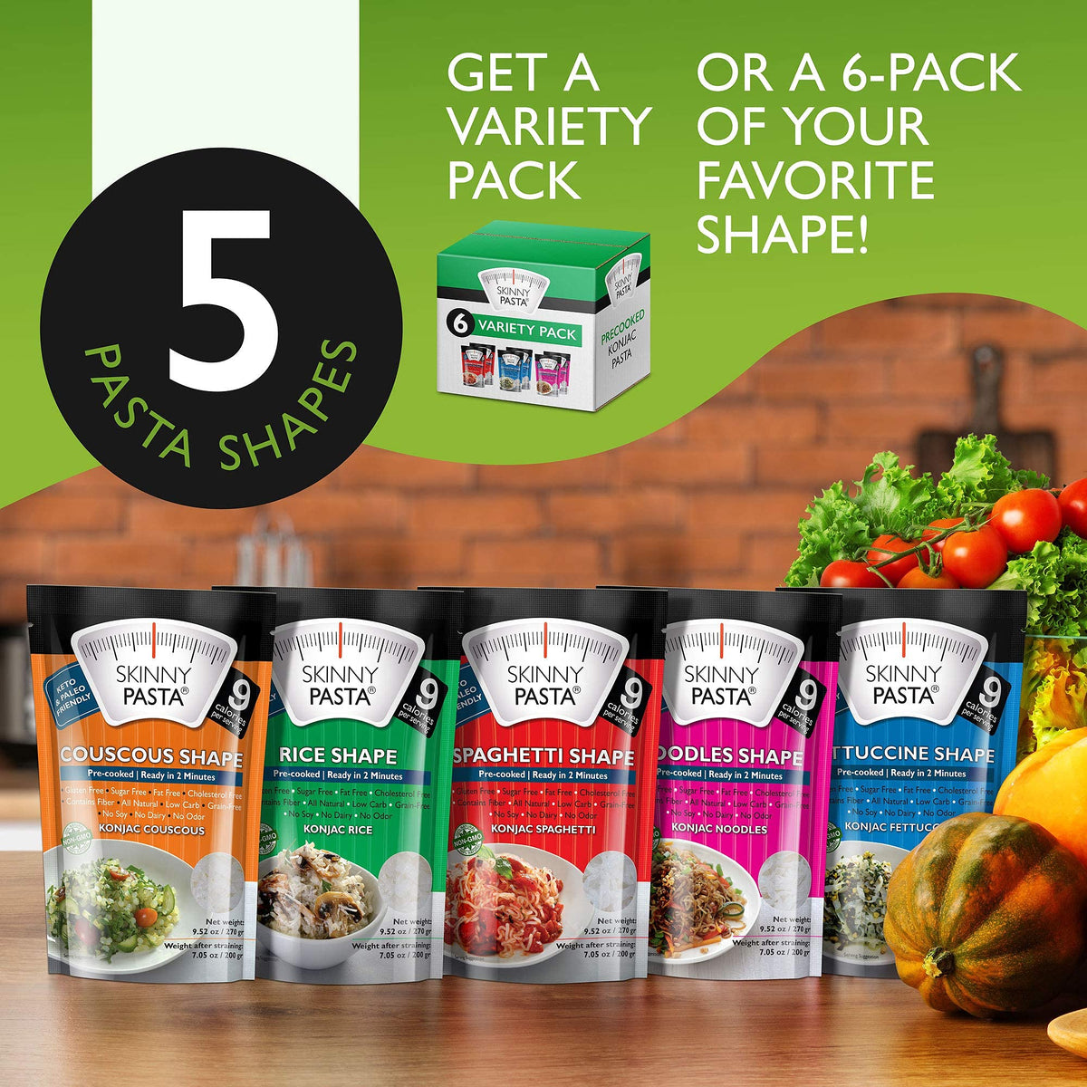 Skinny Pasta Variety Pack – Konjac Noodles, Low Carb & Gluten Free (6 Pack)