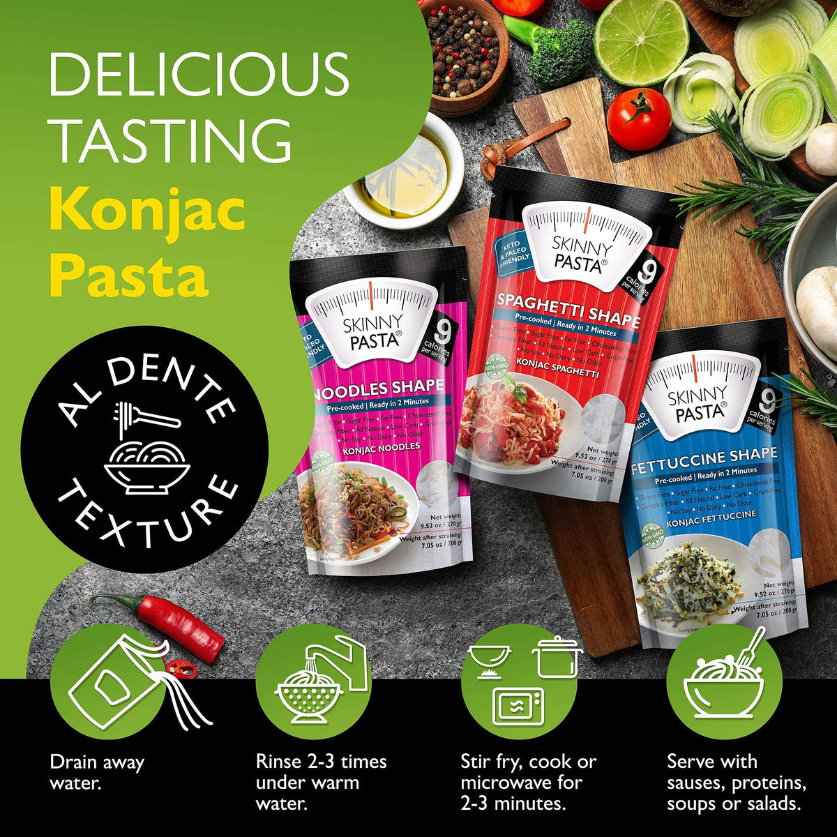 Skinny Pasta Variety Pack – Konjac Noodles, Low Carb & Gluten Free (6 Pack)