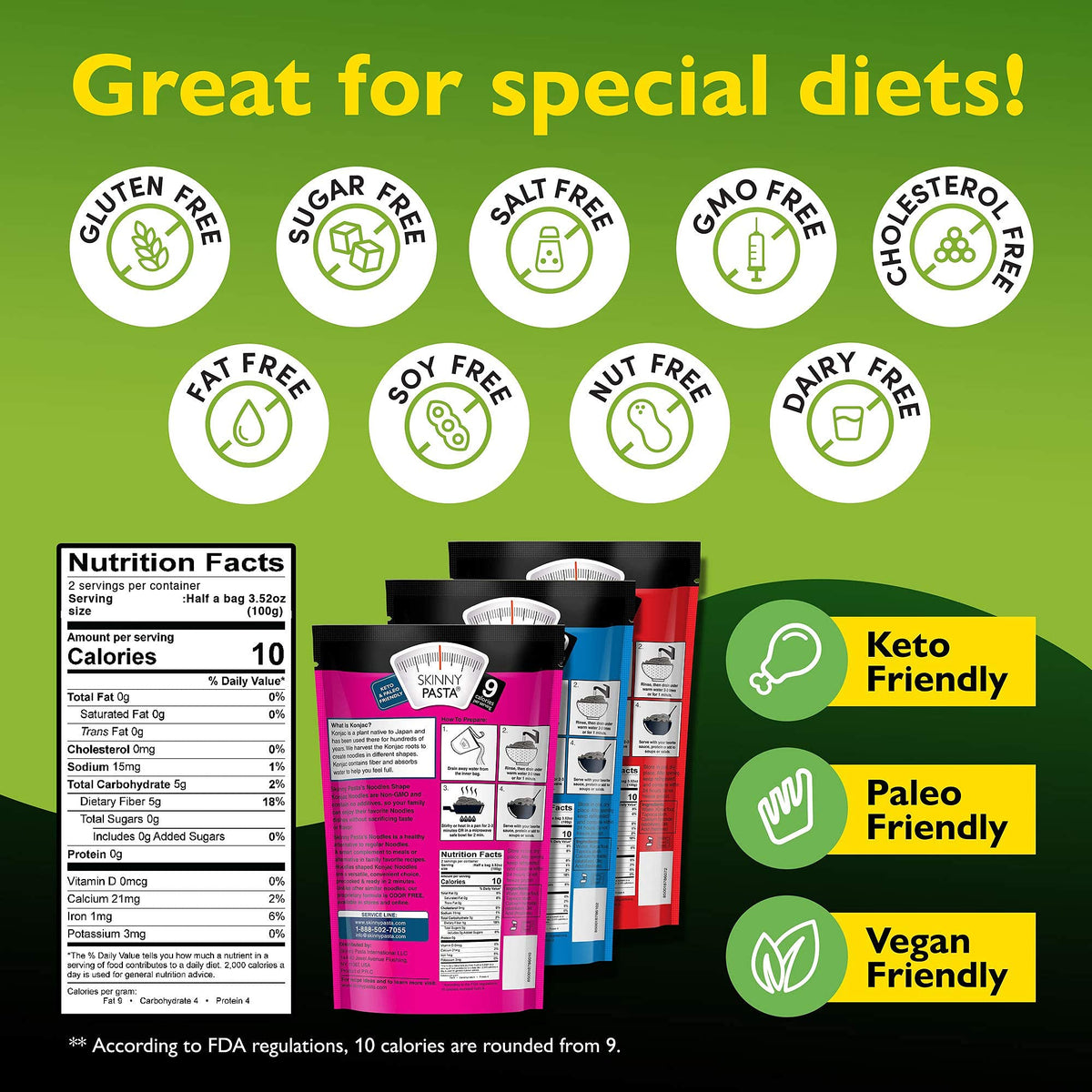 Skinny Pasta Variety Pack – Konjac Noodles, Low Carb & Gluten Free (6 Pack)