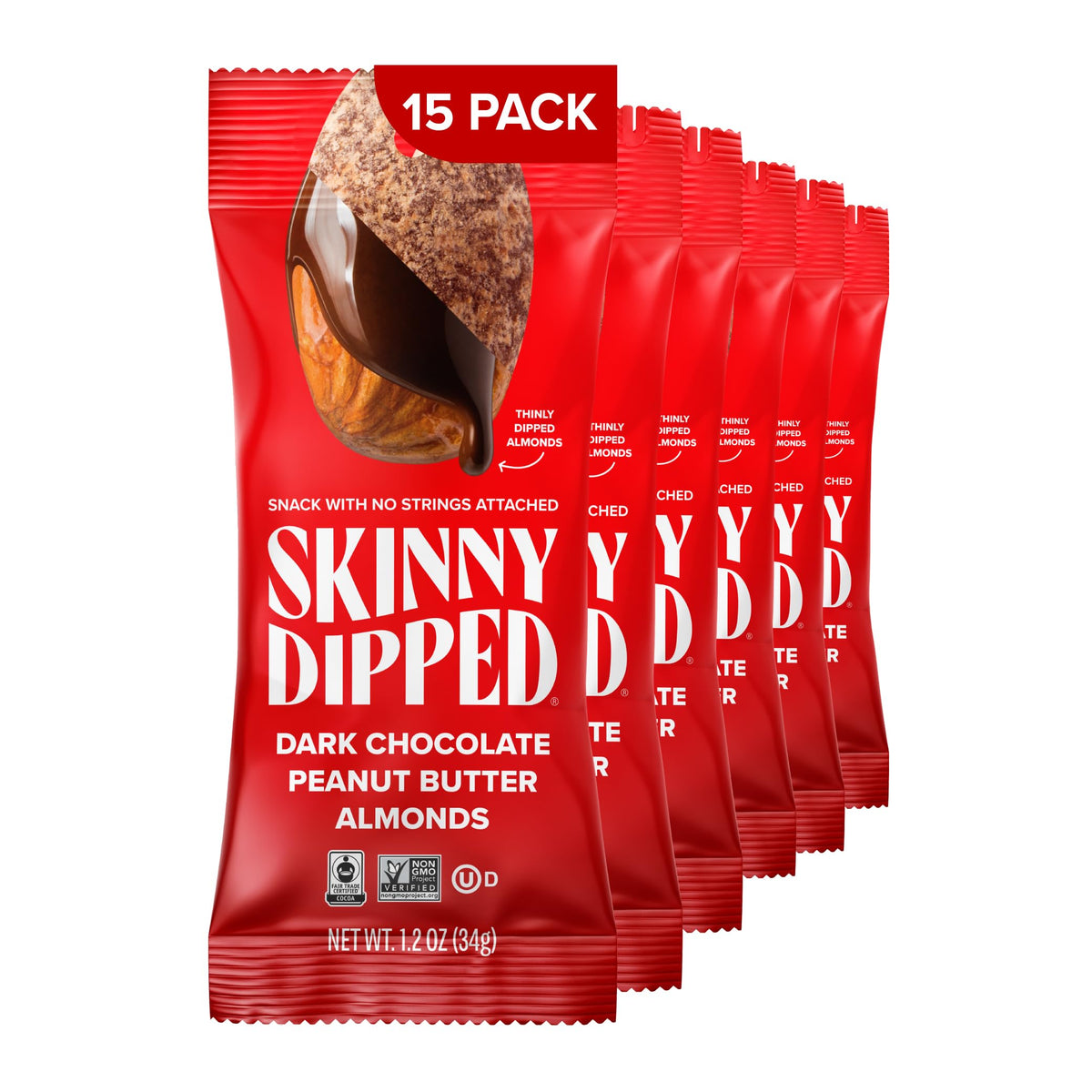 SkinnyDipped Dark Chocolate Peanut Butter Almonds — Low Sugar, Gluten Free, 15-Pack