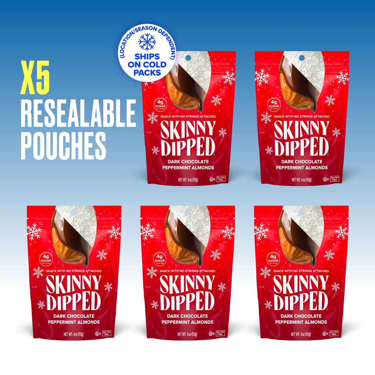 SkinnyDipped Dark Chocolate Peppermint Almonds – Gluten Free Plant Protein Snack (5 x 3.5 oz)