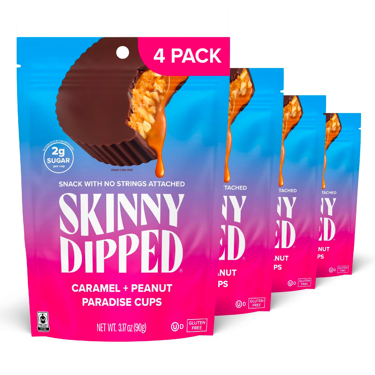 SKINNYDIPPED Caramel Peanut Paradise Cups – 2g Sugar Per Cup, Gluten Free, Low Carb Snack, 3.2oz Bags, Pack of 4 (24 Cups)