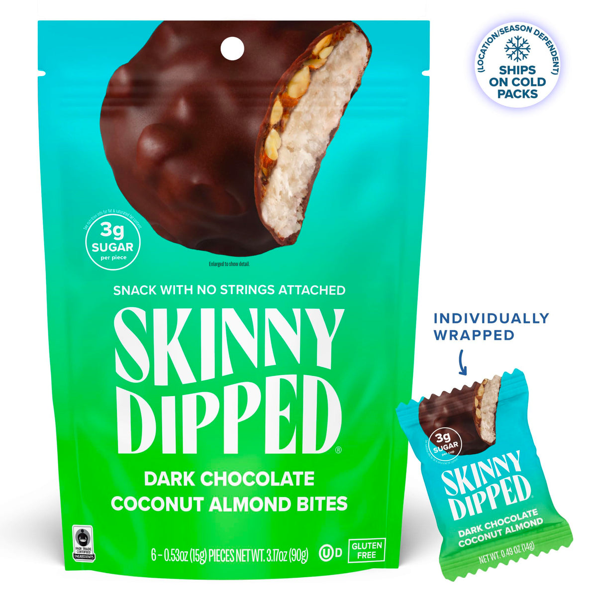 SkinnyDipped Dark Chocolate Coconut Almond Bites - Low Sugar Snack Pack (24 Bites)