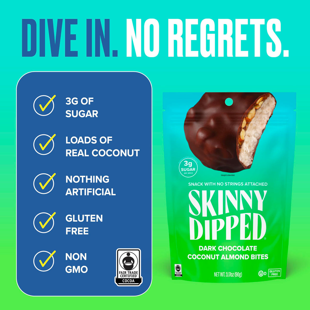 SkinnyDipped Dark Chocolate Coconut Almond Bites - Low Sugar Snack Pack (24 Bites)