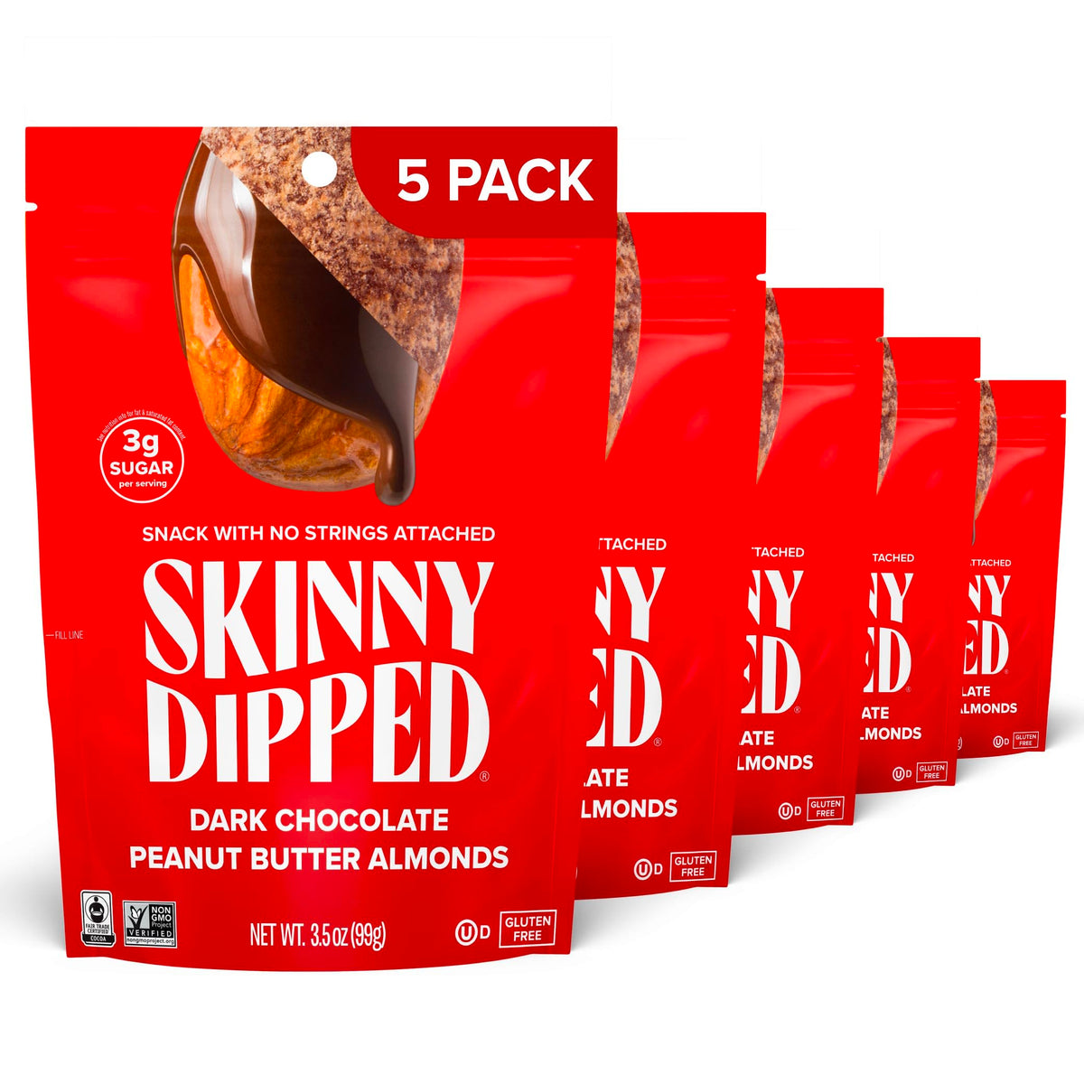 SkinnyDipped Dark Chocolate Peanut Butter Almonds – Gluten Free Plant Protein Snack, 5 x 3.5 oz Bags