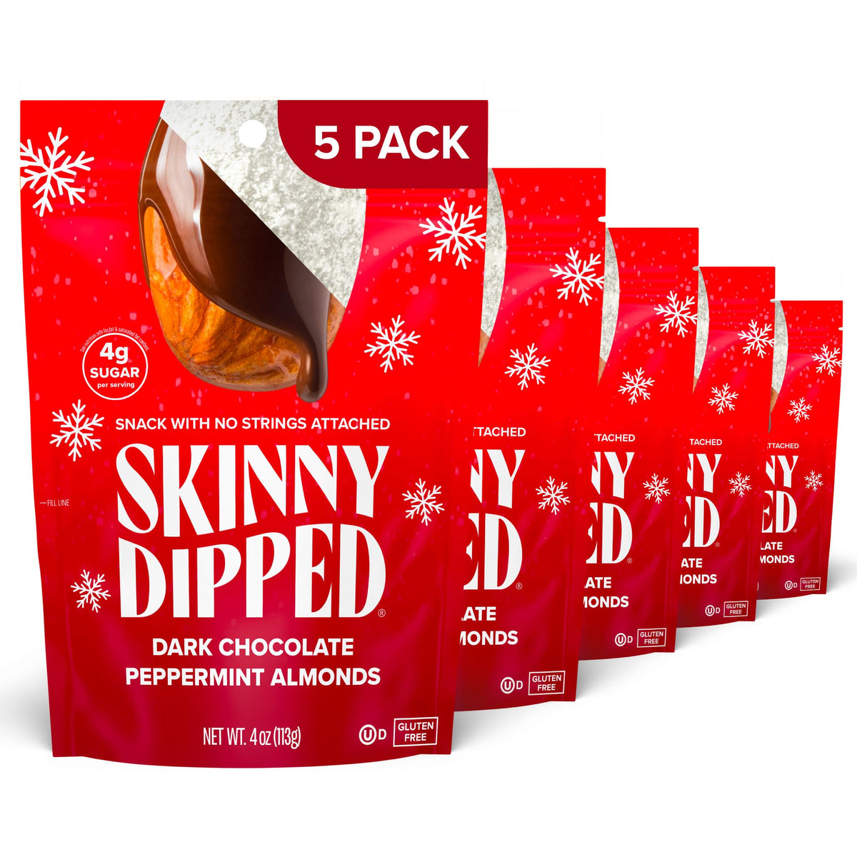 SkinnyDipped Dark Chocolate Peppermint Almonds – Gluten Free Plant Protein Snack (5 x 3.5 oz)