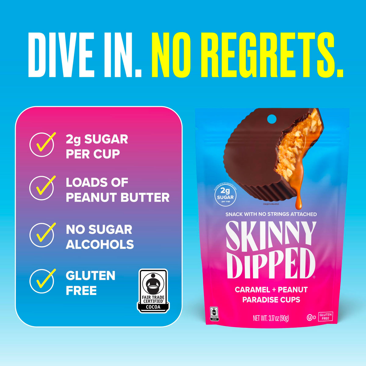 SKINNYDIPPED Caramel Peanut Paradise Cups – 2g Sugar Per Cup, Gluten Free, Low Carb Snack, 3.2oz Bags, Pack of 4 (24 Cups)