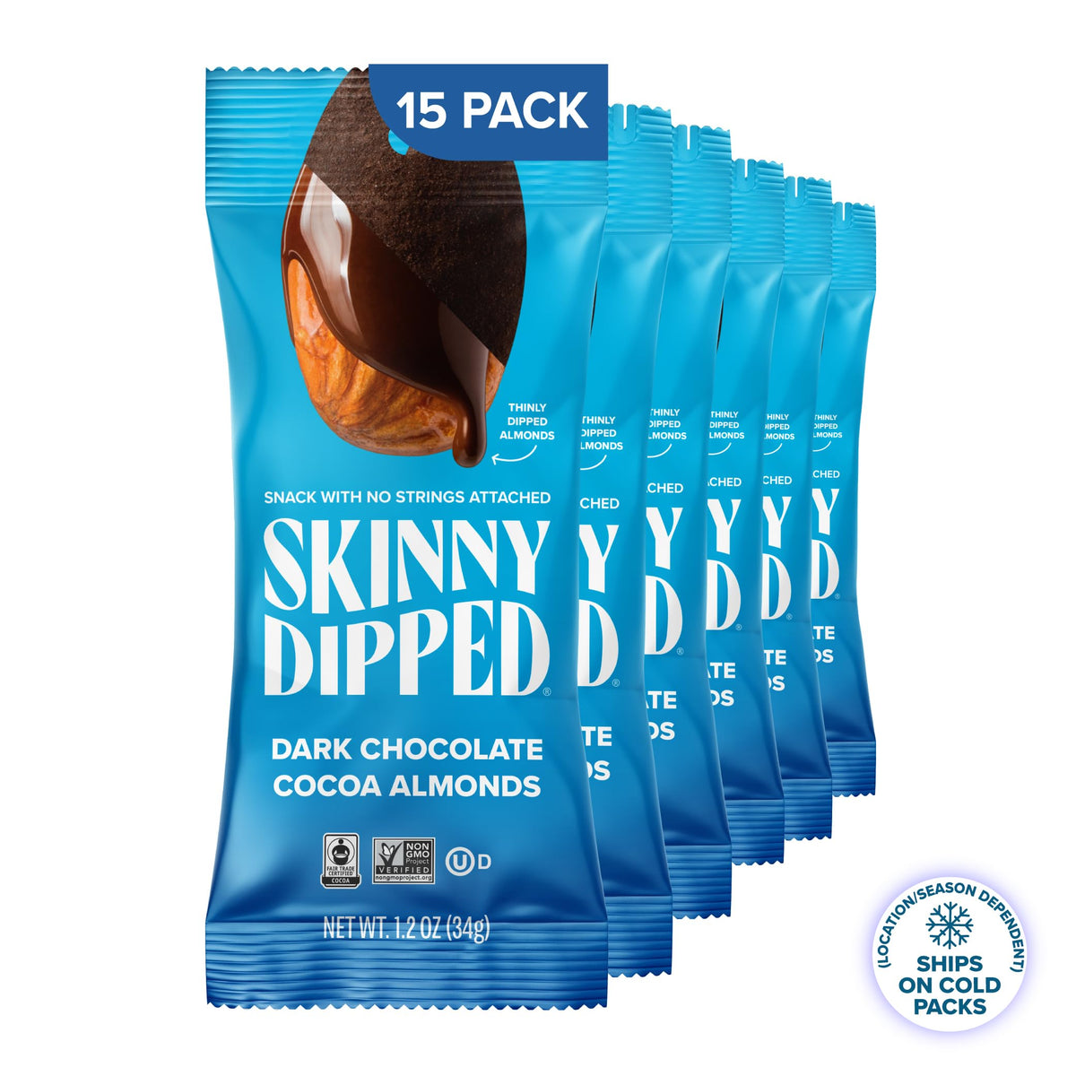 SkinnyDipped Dark Chocolate Cocoa Almonds – Low Sugar, Gluten Free Snack (15 Pack) | SKINNYDIPPED