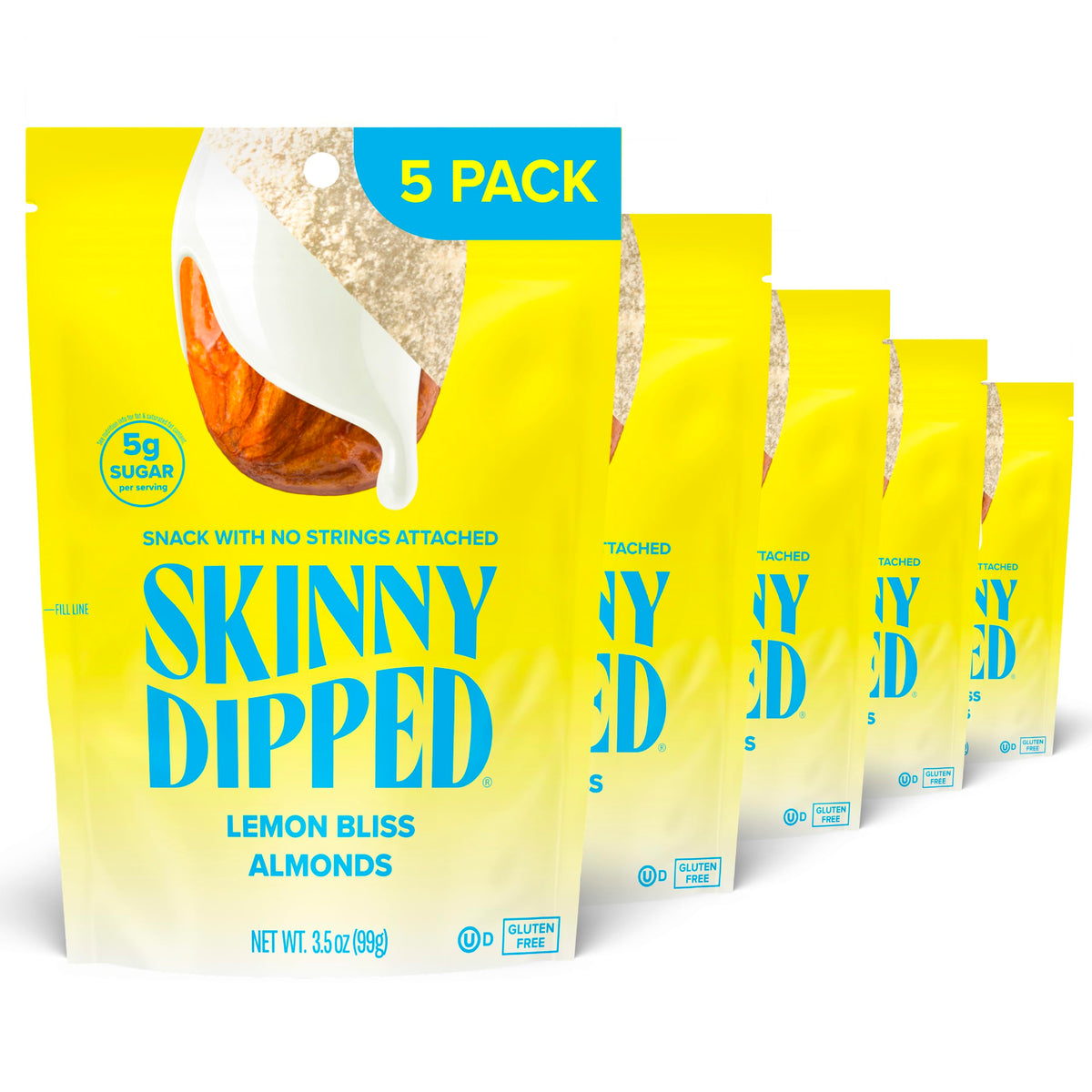 SkinnyDipped Lemon Bliss Almonds – Gluten Free Plant Protein Snack | 3.5 oz Resealable Bags, Pack of 5