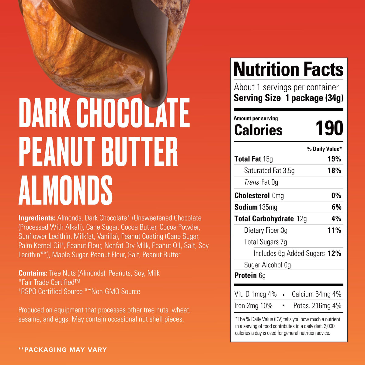SkinnyDipped Dark Chocolate Peanut Butter Almonds — Low Sugar, Gluten Free, 15-Pack