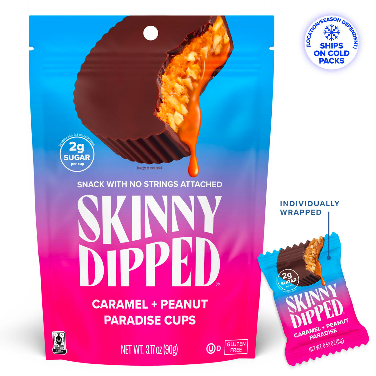 SKINNYDIPPED Caramel Peanut Paradise Cups – 2g Sugar Per Cup, Gluten Free, Low Carb Snack, 3.2oz Bags, Pack of 4 (24 Cups)