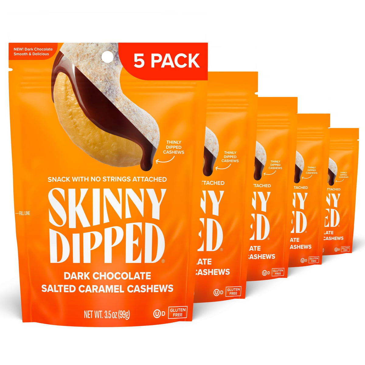 SkinnyDipped Salted Caramel Cashews — Gluten Free, Kosher Plant Protein Snack, 3.5oz Bags, Pack of 5