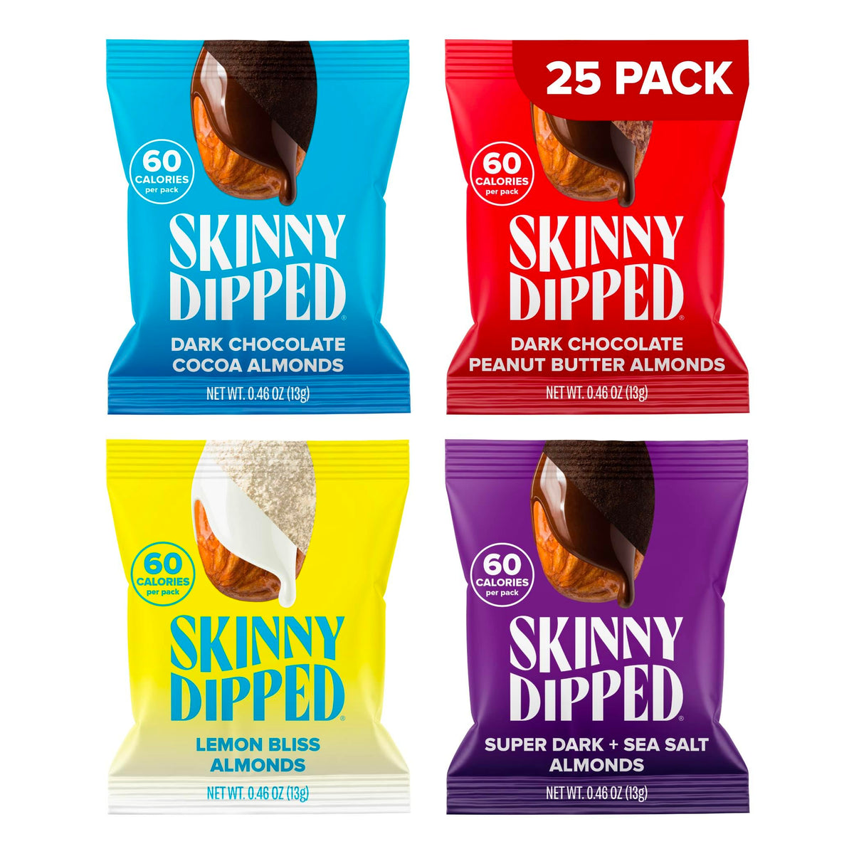 SkinnyDipped Snack Attack Minis Almond Variety Pack – Gluten-Free, Plant Protein, Pack of 25 (0.46 oz each)