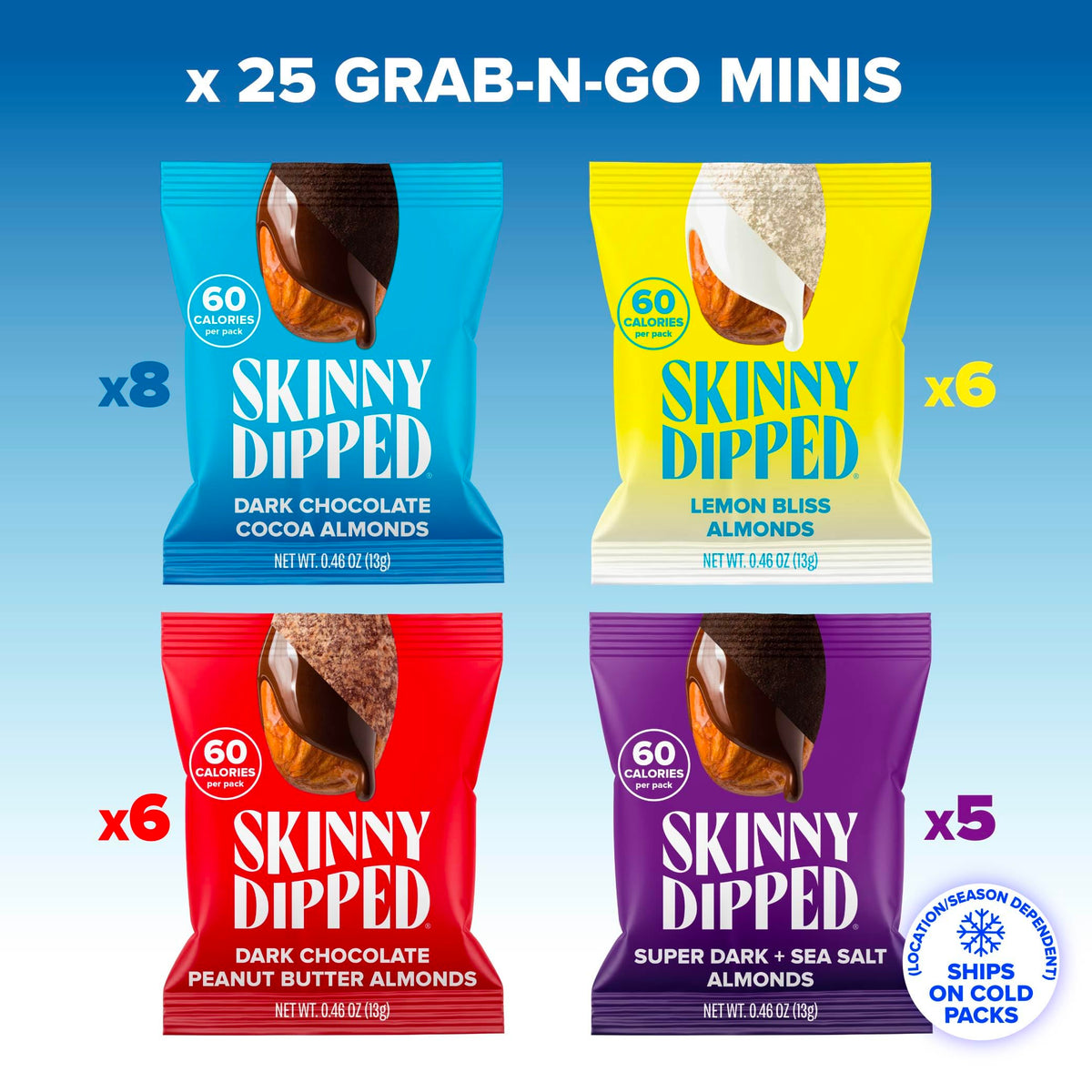 SkinnyDipped Snack Attack Minis Almond Variety Pack – Gluten-Free, Plant Protein, Pack of 25 (0.46 oz each)