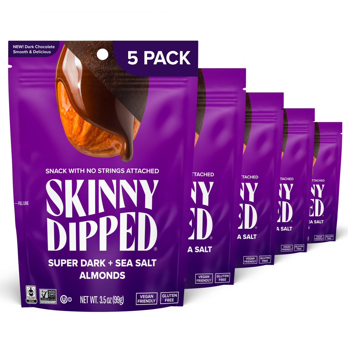SkinnyDipped Super Dark Chocolate & Sea Salt Almonds – Vegan, Gluten Free, Pack of 5