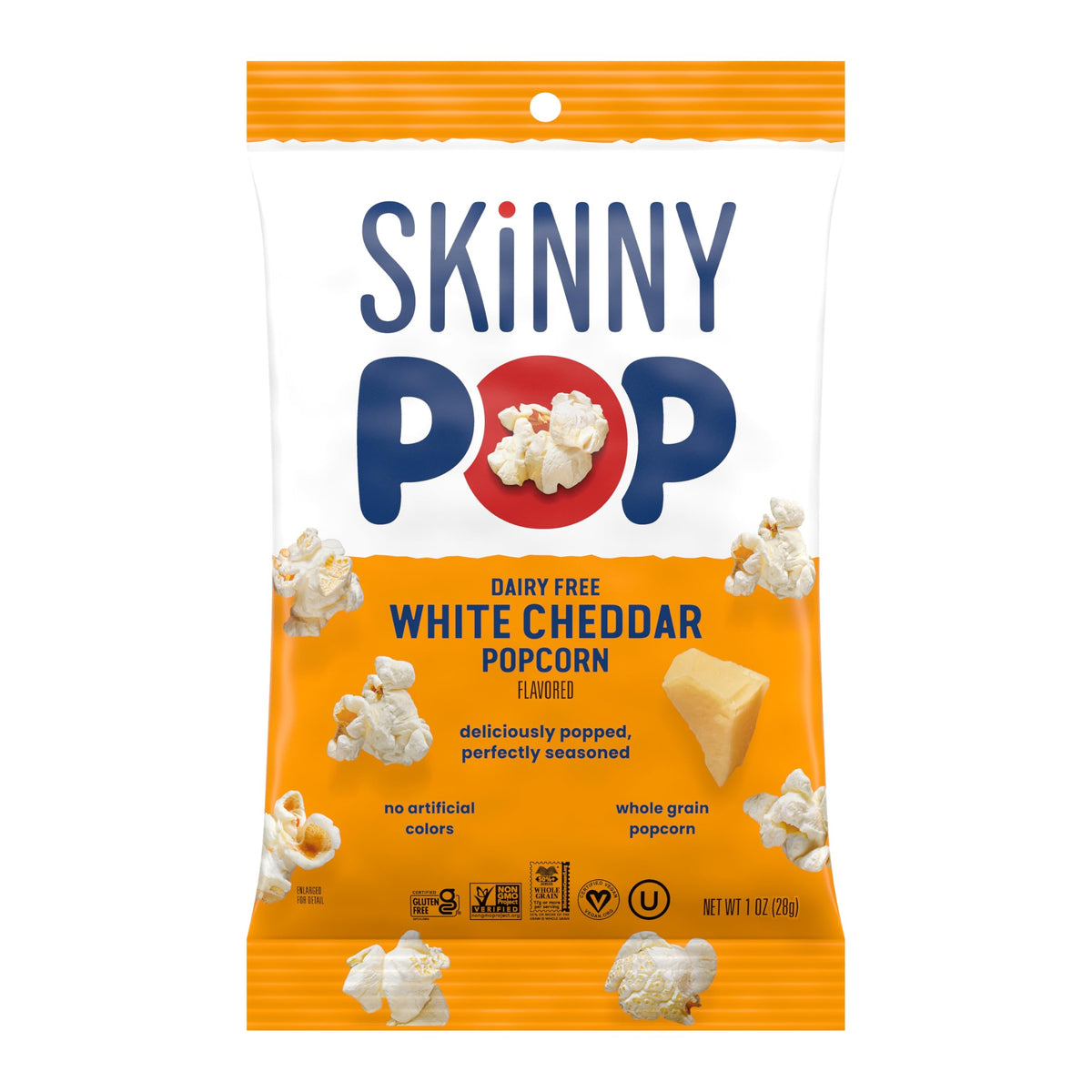 SkinnyPop Popcorn White Cheddar – Dairy-Free Whole Grain Snack, 12 x 1oz