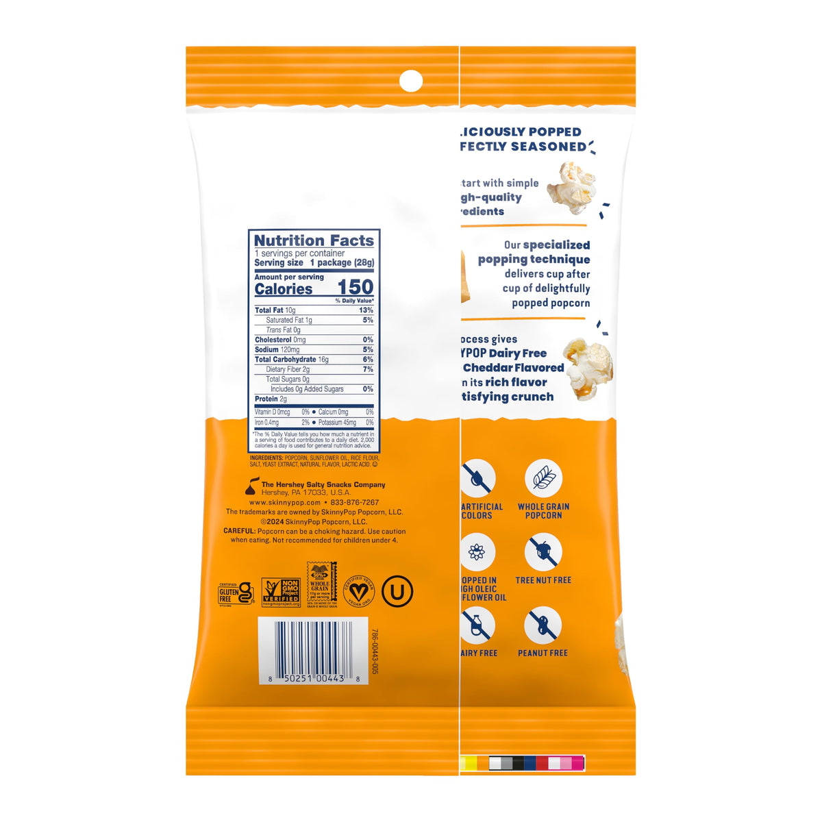 SkinnyPop Popcorn White Cheddar – Dairy-Free Whole Grain Snack, 12 x 1oz