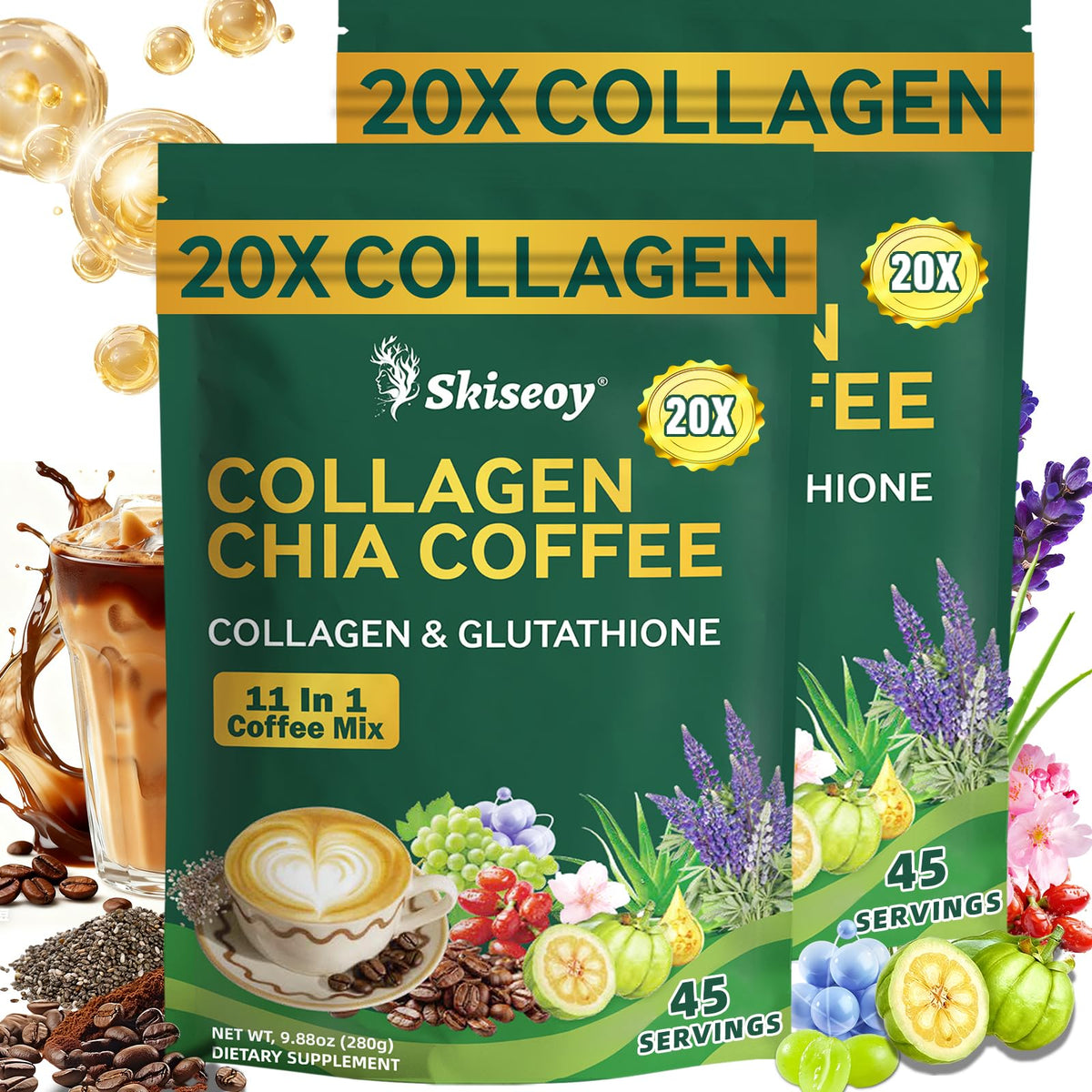 Skiseoy 20x Collagen Chia Coffee — 11-in-1 Mix with L-Glutathione, Vegan, 45 Servings