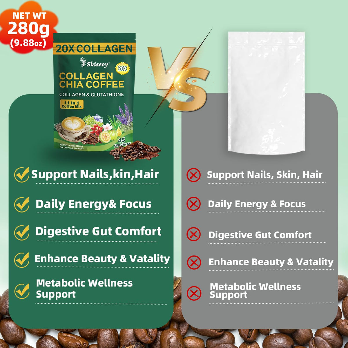 Skiseoy 20x Collagen Chia Coffee — 11-in-1 Mix with L-Glutathione, Vegan, 45 Servings