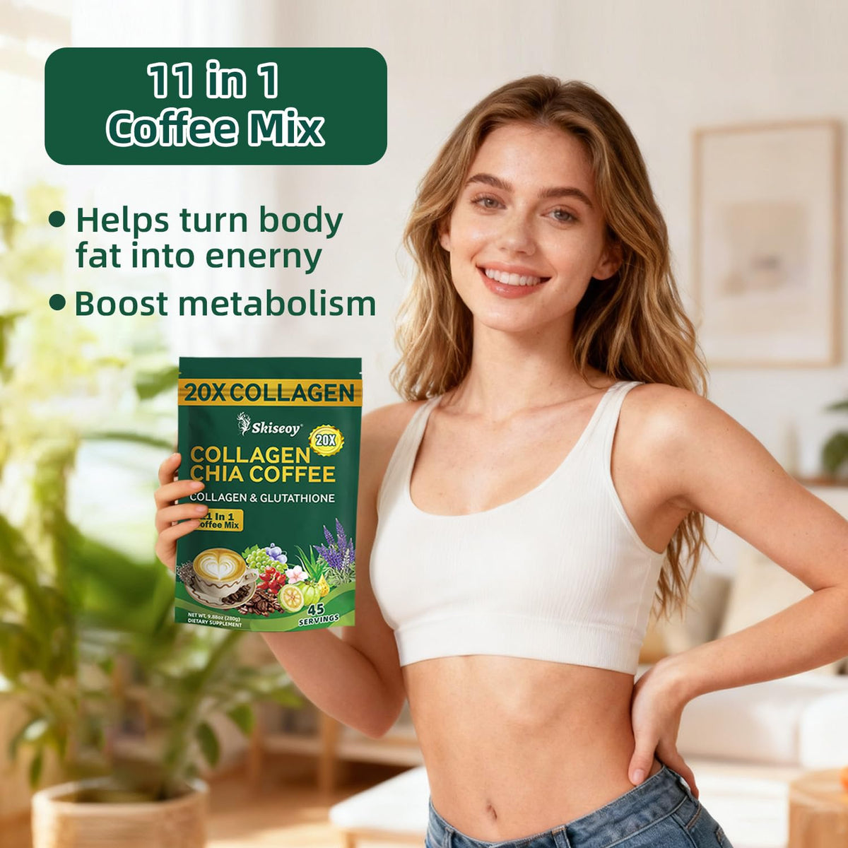 Skiseoy 20x Collagen Chia Coffee — 11-in-1 Mix with L-Glutathione, Vegan, 45 Servings