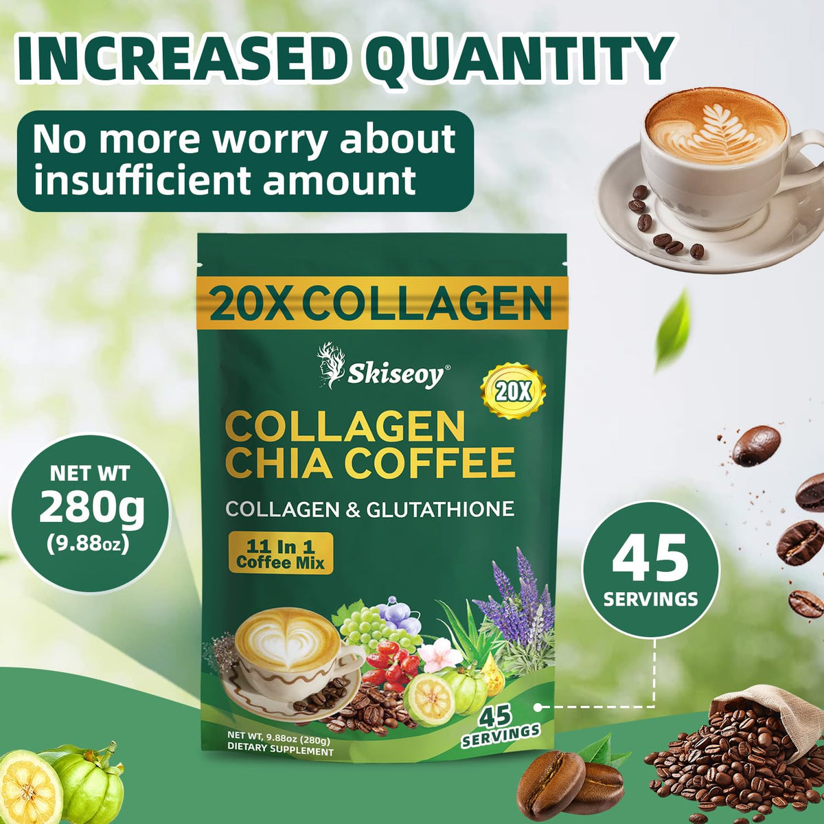Skiseoy 20x Collagen Chia Coffee — 11-in-1 Mix with L-Glutathione, Vegan, 45 Servings