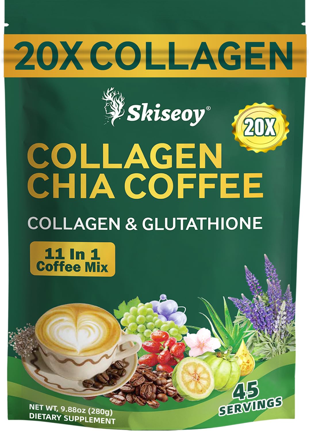 Skiseoy 20x Collagen Chia Coffee – 11-in-1 Blend with Collagen & Chia, L-Glutathione, 45 Servings