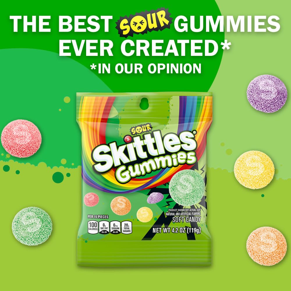 SKITTLES Sour Gummy Candy Bulk Pack – 12 Bags of 4.2 oz Each | Tart, Fruity Chewy Treats