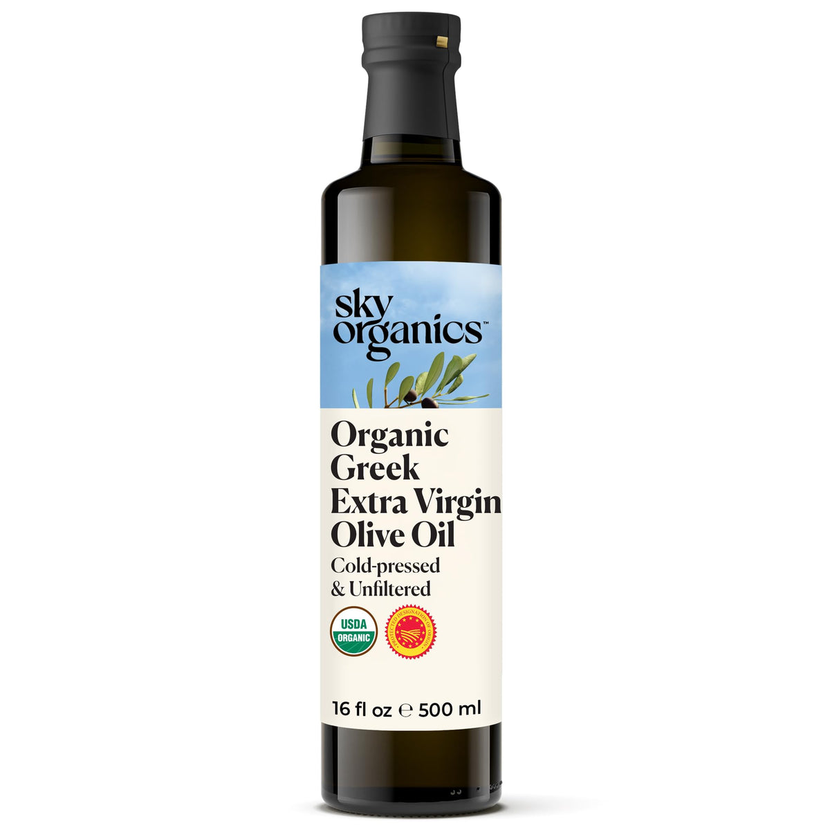 Sky Organics Organic Extra Virgin Olive Oil – 16.9 fl oz, Cold Pressed & Unfiltered, Greek Sourced, Kosher, Vegan