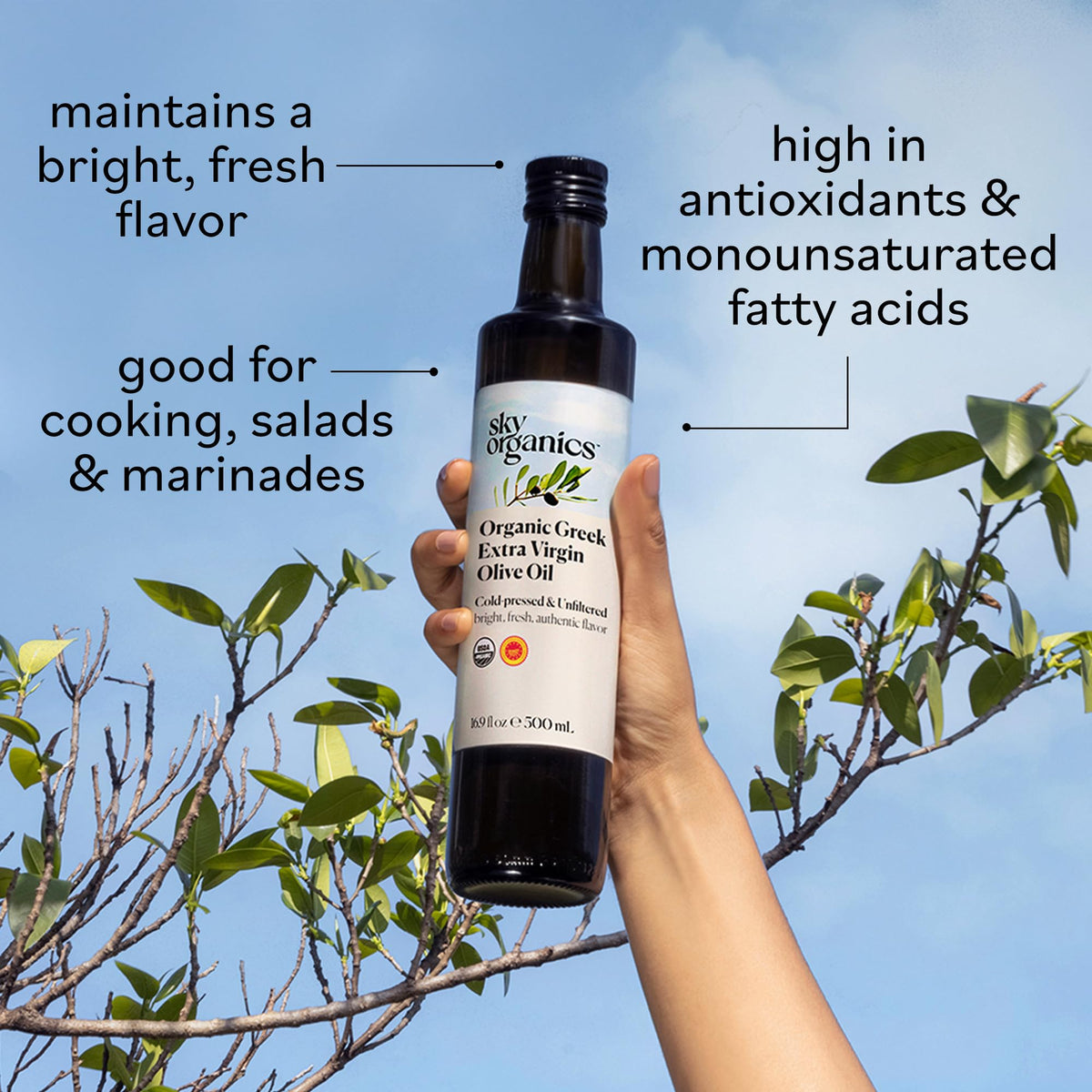 Sky Organics Organic Extra Virgin Olive Oil – 16.9 fl oz, Cold Pressed & Unfiltered, Greek Sourced, Kosher, Vegan
