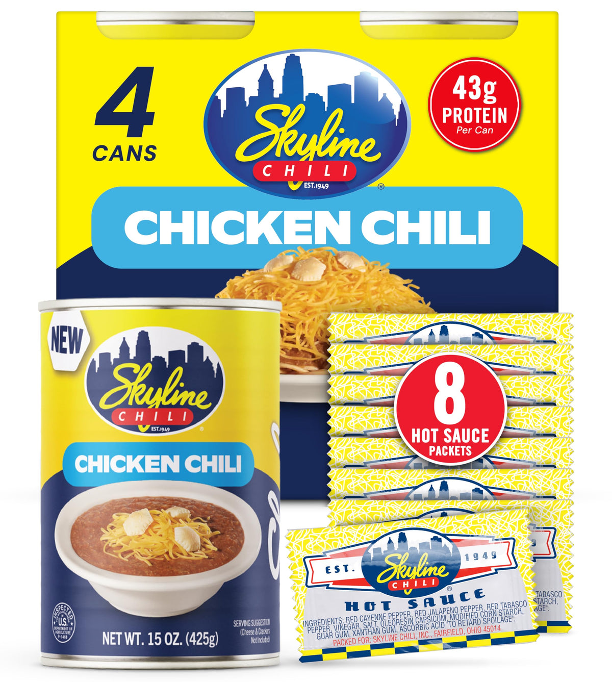 Skyline Chicken Chili Bundle - 4x15 oz Cans + 8 Hot Sauce Packets