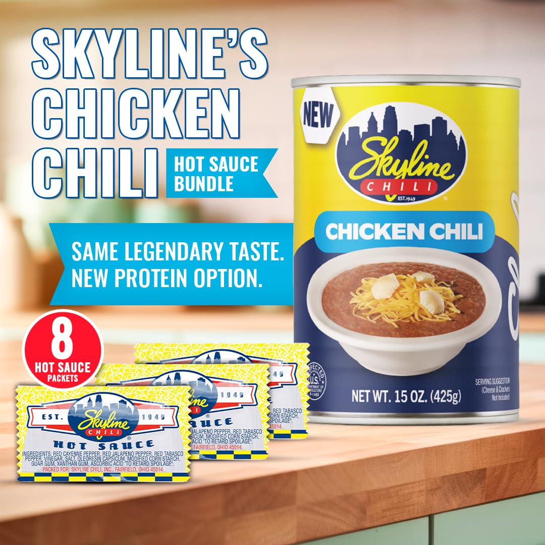 Skyline Chicken Chili Bundle - 4x15 oz Cans + 8 Hot Sauce Packets