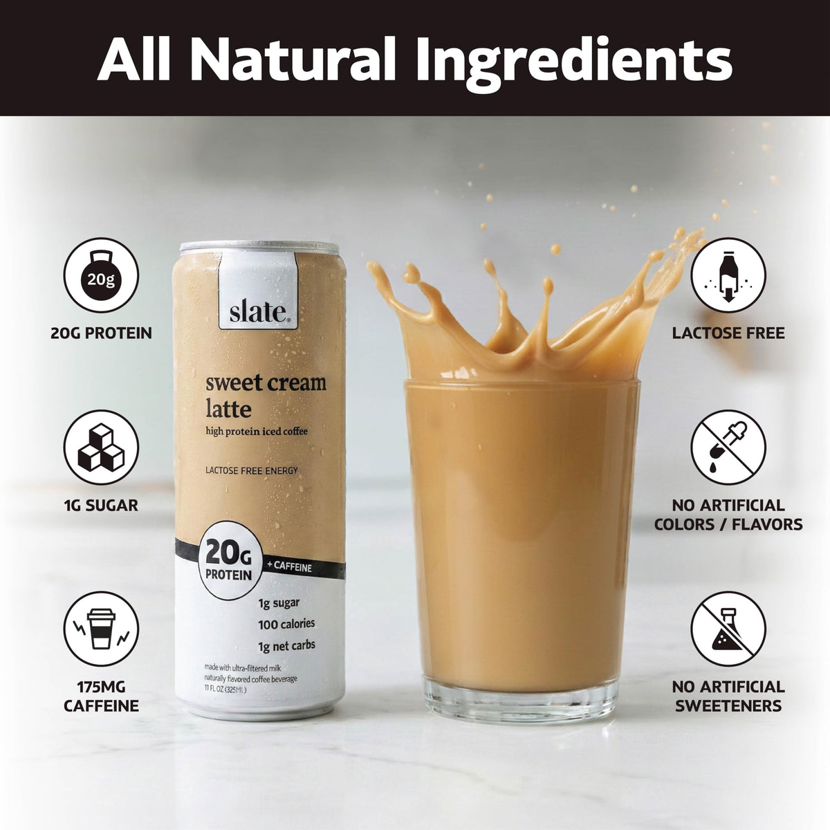 Slate Milk - High Protein Iced Coffee - Sweet Cream Latte | 11 fl oz Can, 175mg Caffeine, Lactose Free, 20g Protein, 1g Sugar, 100 Calories, 1g Net Carbs, No Sugar Added