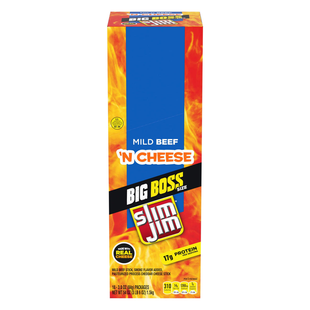Slim Jim Beef N Cheese Smoked Meat Sticks – Mild Flavor, 19g Protein, 3.0 oz (18 Count)