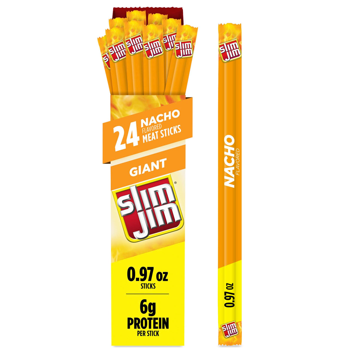 Slim Jim Giant Nacho Flavor Smoked Meat Sticks – 6g Protein per Stick, 0.97 oz (24 Count)