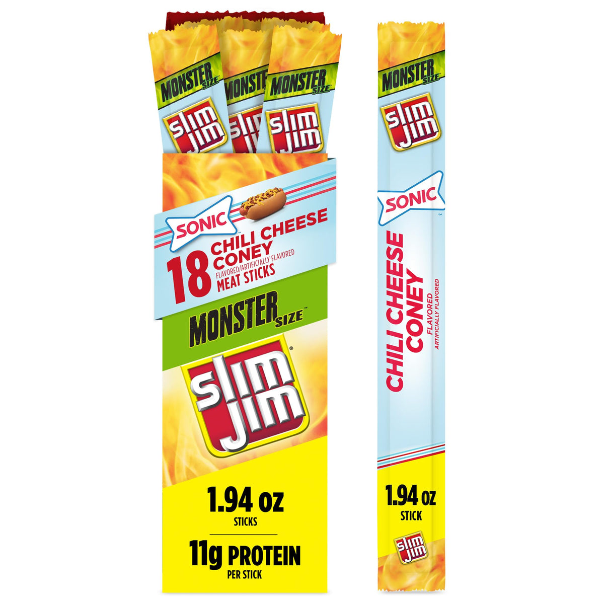Slim Jim Monster Size Sonic Chili Cheese Coney Meat Sticks – 11g Protein, 18-Count