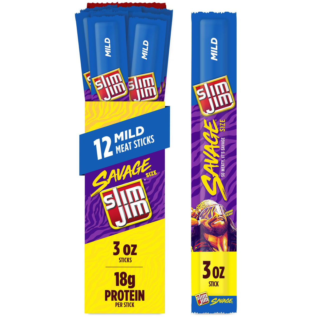 Slim Jim Savage Mild Smoked Meat Sticks – 6g Protein per Serving, 3oz, 12 Count
