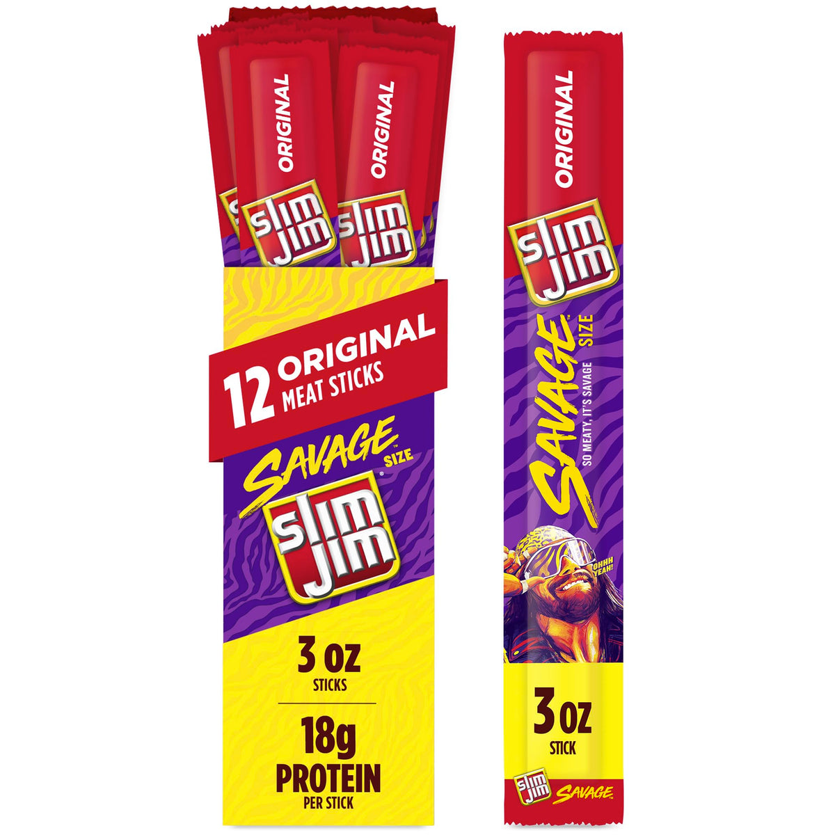 Slim Jim Savage Smoked Meat Sticks Original Flavor – 3 oz, 12 Count